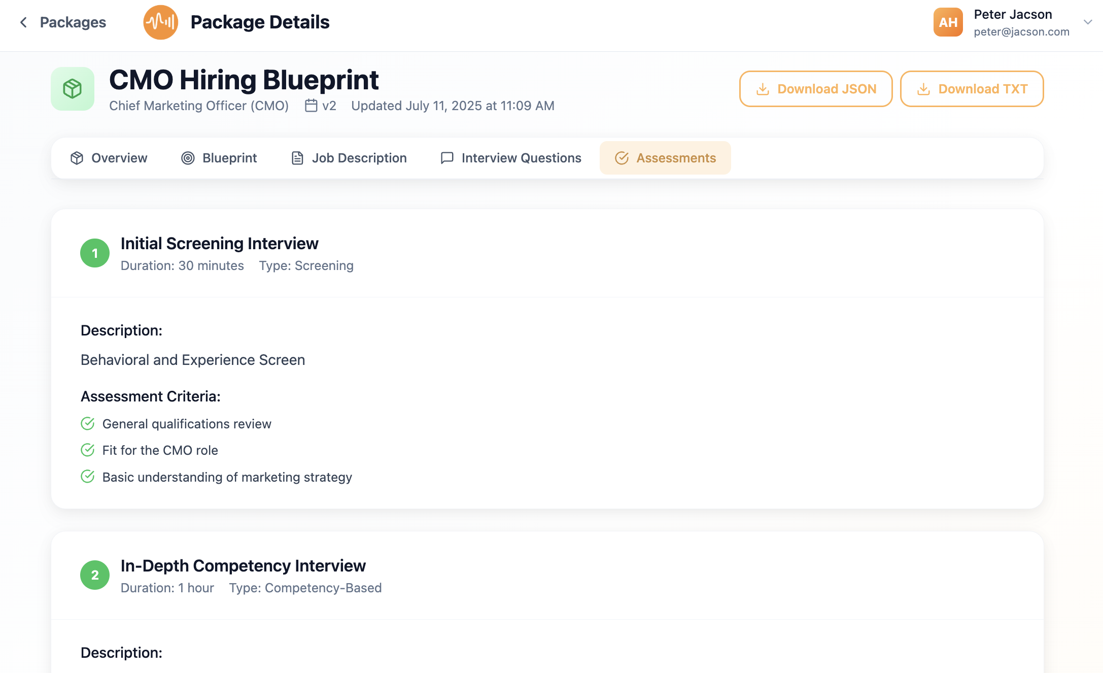 Klareda Package Details showing detailed CMO hiring blueprint with assessment criteria and interview stages